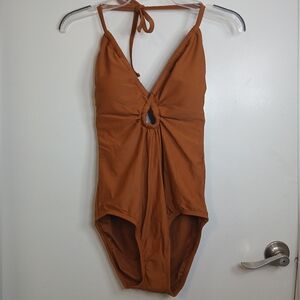 New! Kona Sol Women's Brown One Piece Keyhole Halter Tie Neck Swimsuit M NWOT